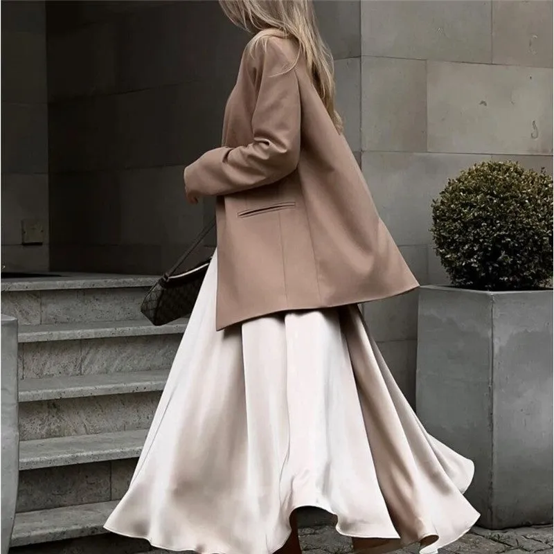 Pleated Satin High-Waisted Midi Skirt