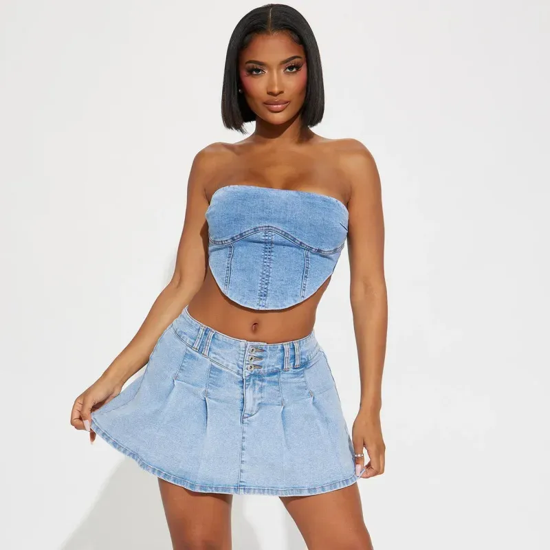 Pleats & Play Denim Mini Skirt