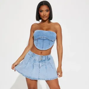 Pleats & Play Denim Mini Skirt