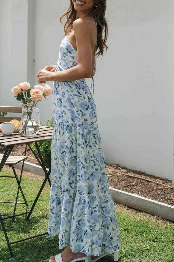 Plunge halter backless floral swing maxi sun dress: Orange / L