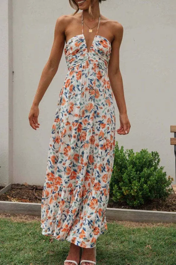 Plunge halter backless floral swing maxi sun dress: Orange / L