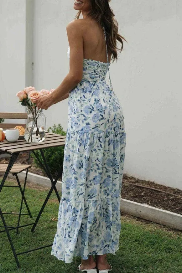 Plunge halter backless floral swing maxi sun dress: Orange / L