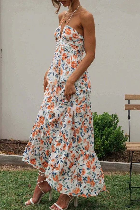 Plunge halter backless floral swing maxi sun dress: Orange / L