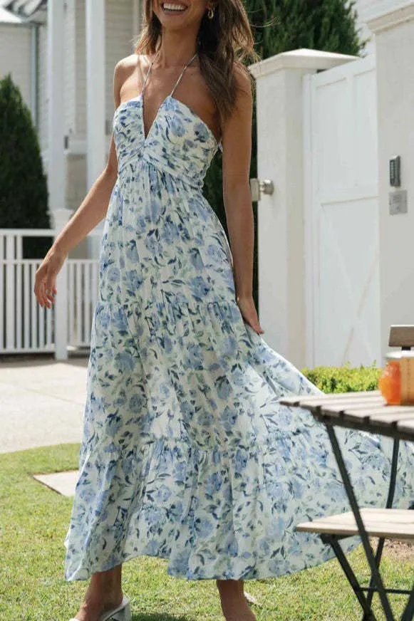Plunge halter backless floral swing maxi sun dress: Orange / L