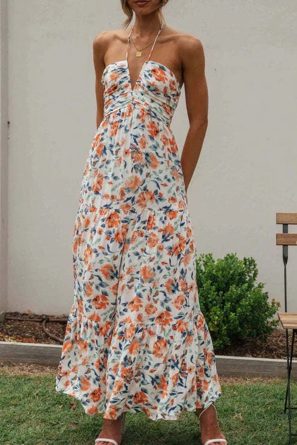 Plunge halter backless floral swing maxi sun dress: Orange / L