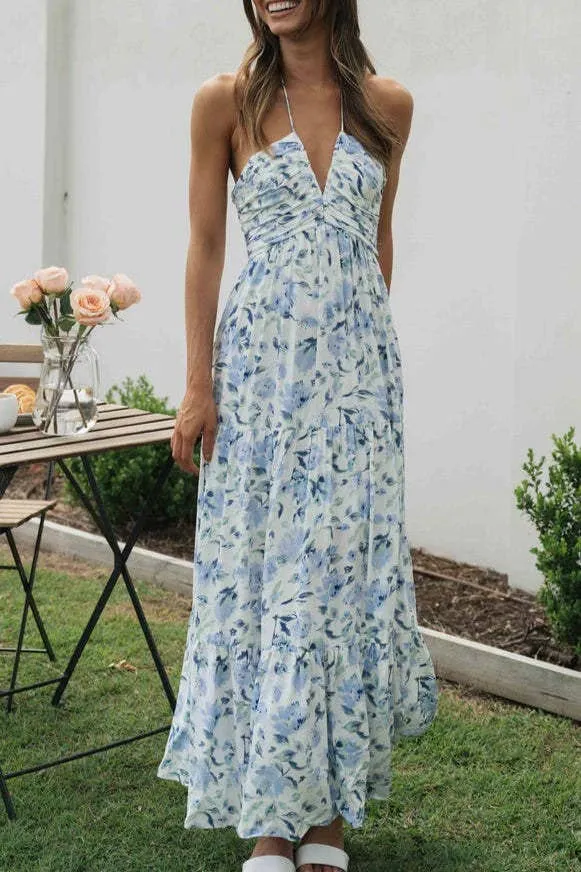 Plunge halter backless floral swing maxi sun dress: Orange / L