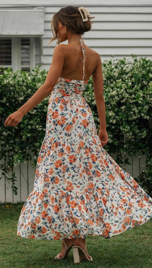 Plunge halter backless floral swing maxi sun dress: Orange / L