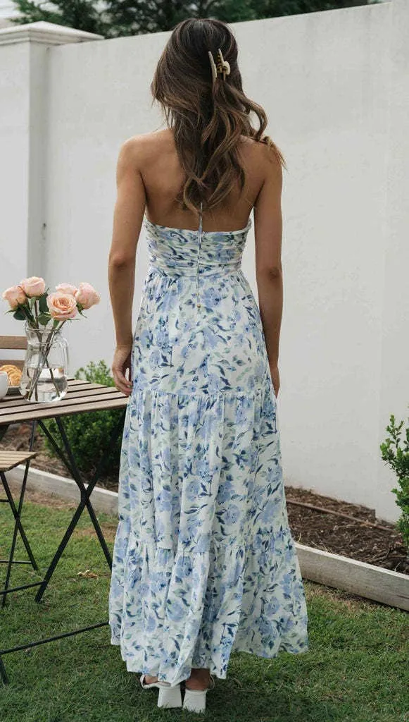 Plunge halter backless floral swing maxi sun dress: Orange / L