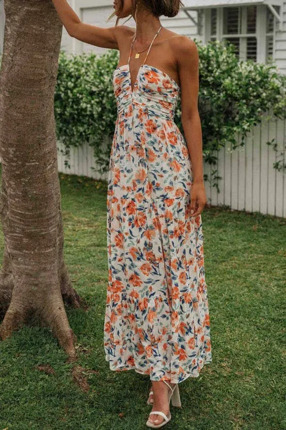 Plunge halter backless floral swing maxi sun dress: Orange / L