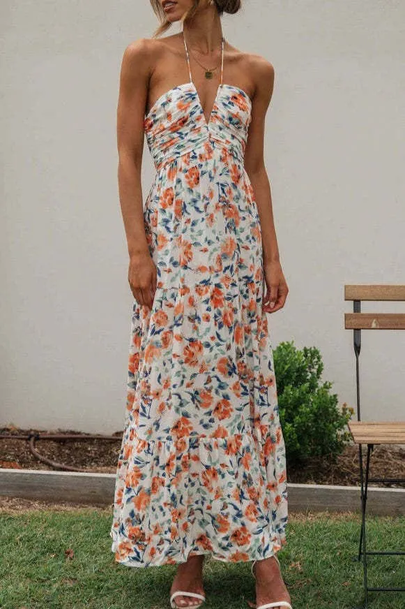 Plunge halter backless floral swing maxi sun dress: Orange / L
