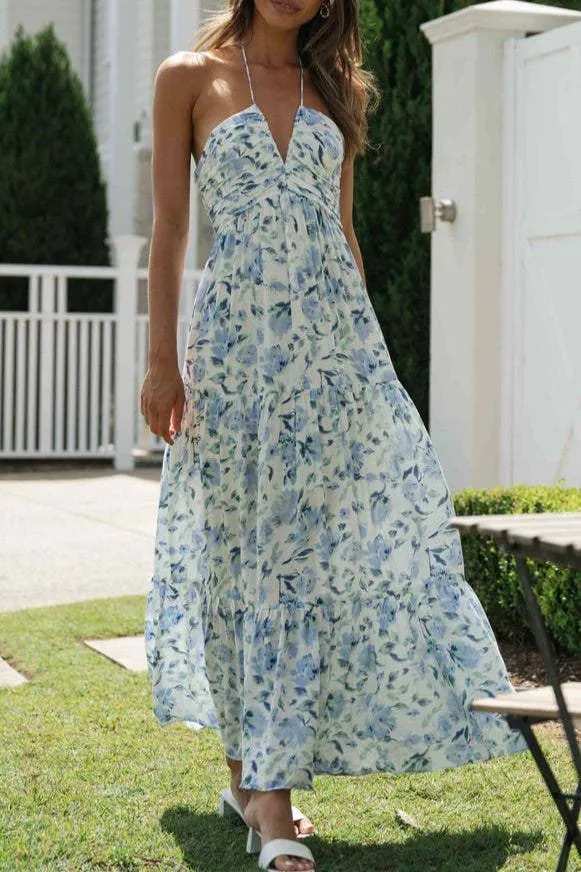 Plunge halter backless floral swing maxi sun dress: Orange / L