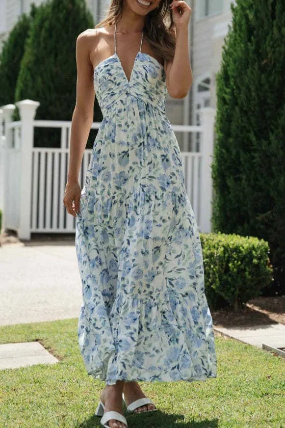 Plunge halter backless floral swing maxi sun dress: Orange / L
