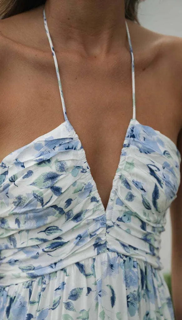 Plunge halter backless floral swing maxi sun dress: Orange / L