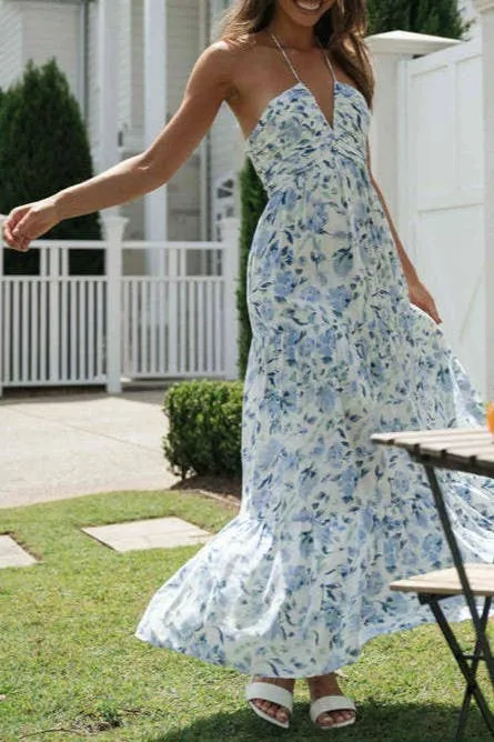 Plunge halter backless floral swing maxi sun dress: Orange / L