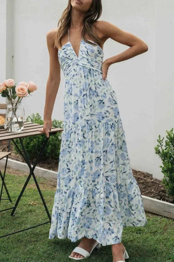 Plunge halter backless floral swing maxi sun dress: Orange / L