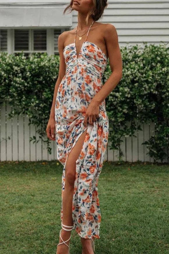 Plunge halter backless floral swing maxi sun dress: Orange / L