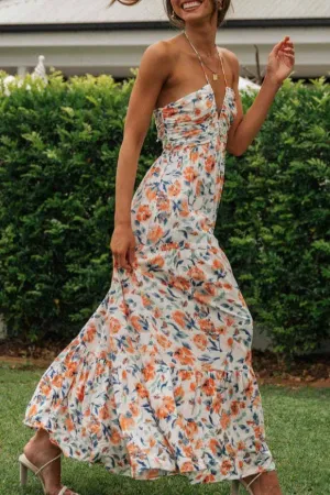 Plunge halter backless floral swing maxi sun dress: Orange / M