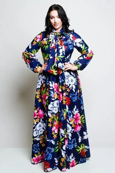 Plus Size Gorgeous Floral Bow Maxi Dress