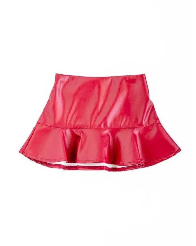 Polly Ruffle Hem Skirt - Ruby Red Pleather