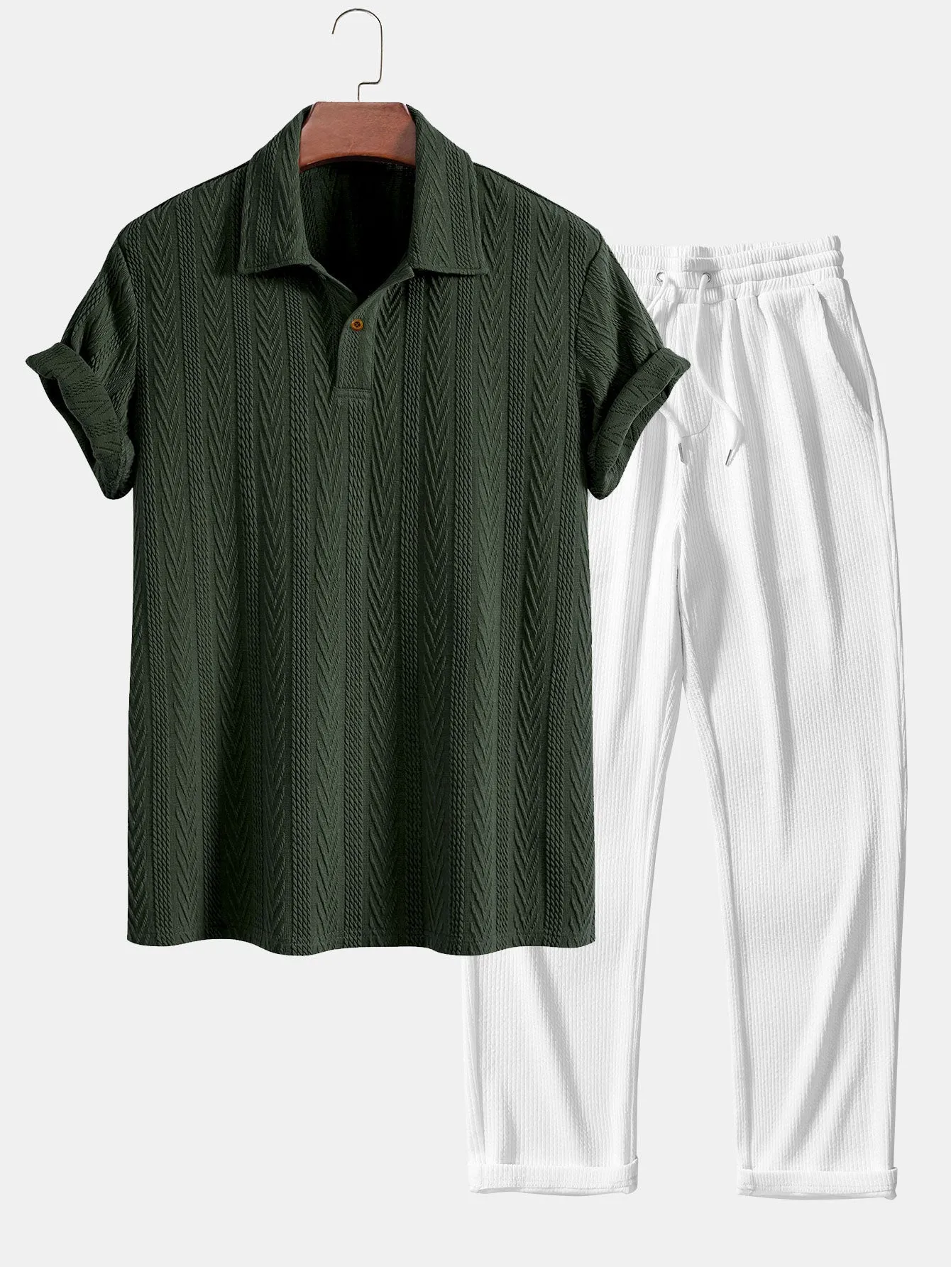 Polo Jacquard Lengan Pendek & Seluar Ribbed Kaki Lurus