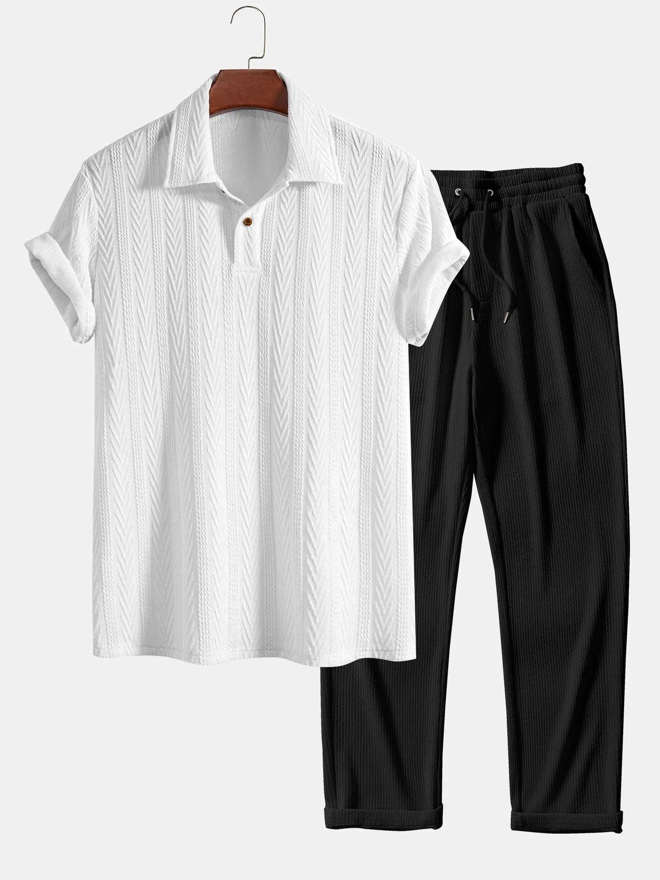 Polo Jacquard Lengan Pendek & Seluar Ribbed Kaki Lurus