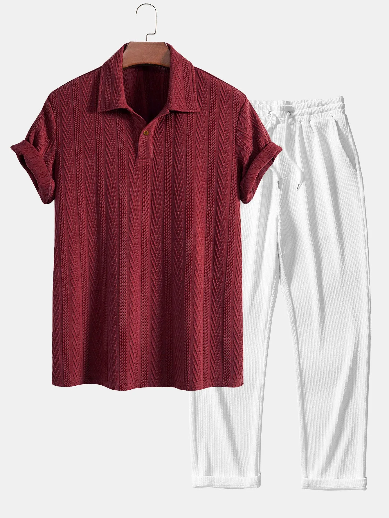 Polo Jacquard Lengan Pendek & Seluar Ribbed Kaki Lurus