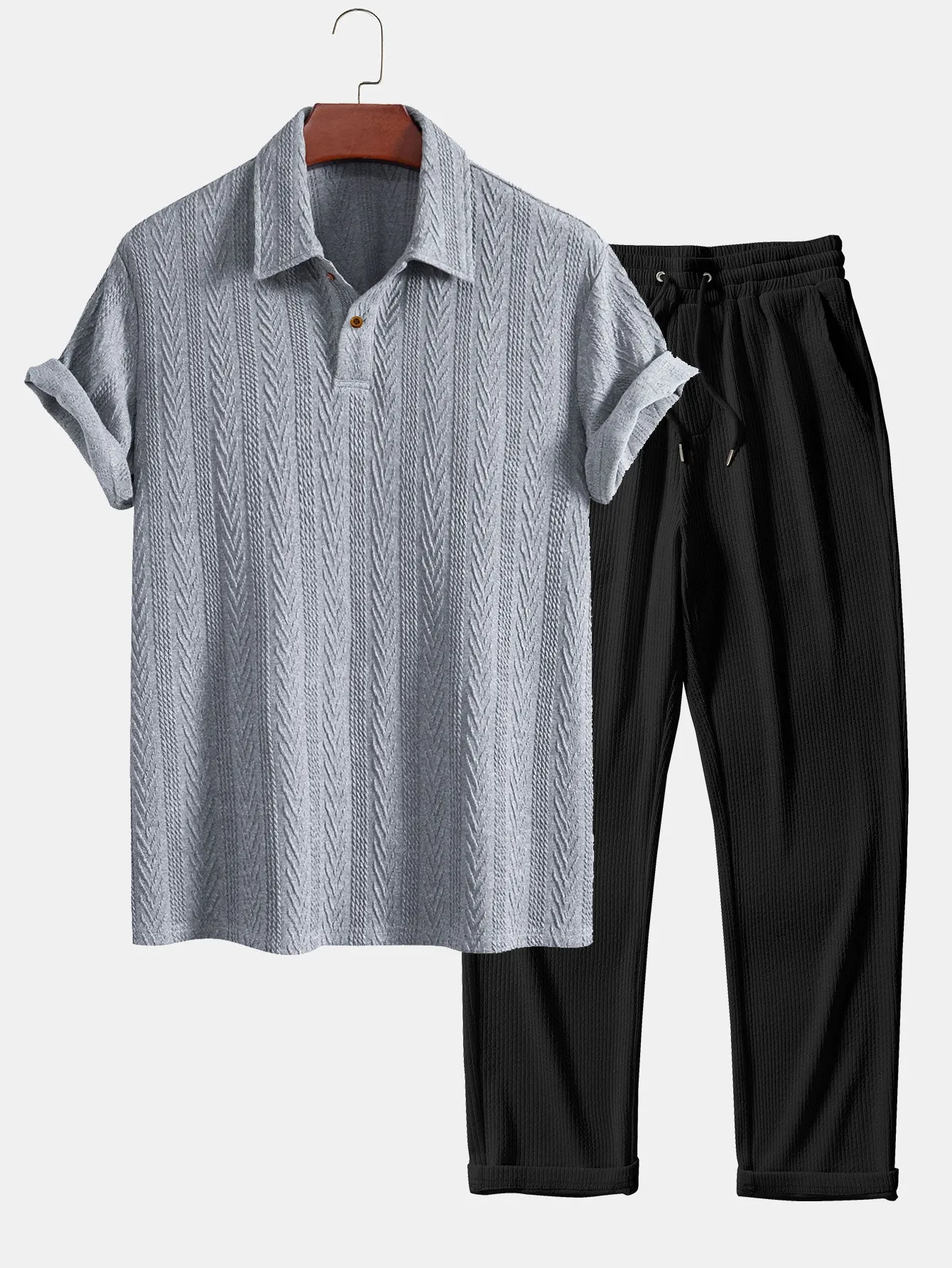 Polo Jacquard Lengan Pendek & Seluar Ribbed Kaki Lurus