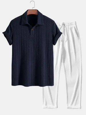 Polo Jacquard Lengan Pendek & Seluar Ribbed Kaki Lurus