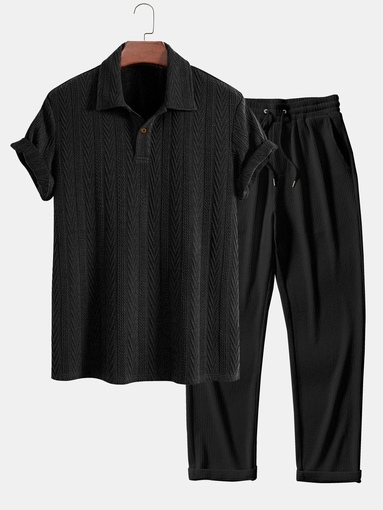 Polo Jacquard Lengan Pendek & Seluar Ribbed Kaki Lurus