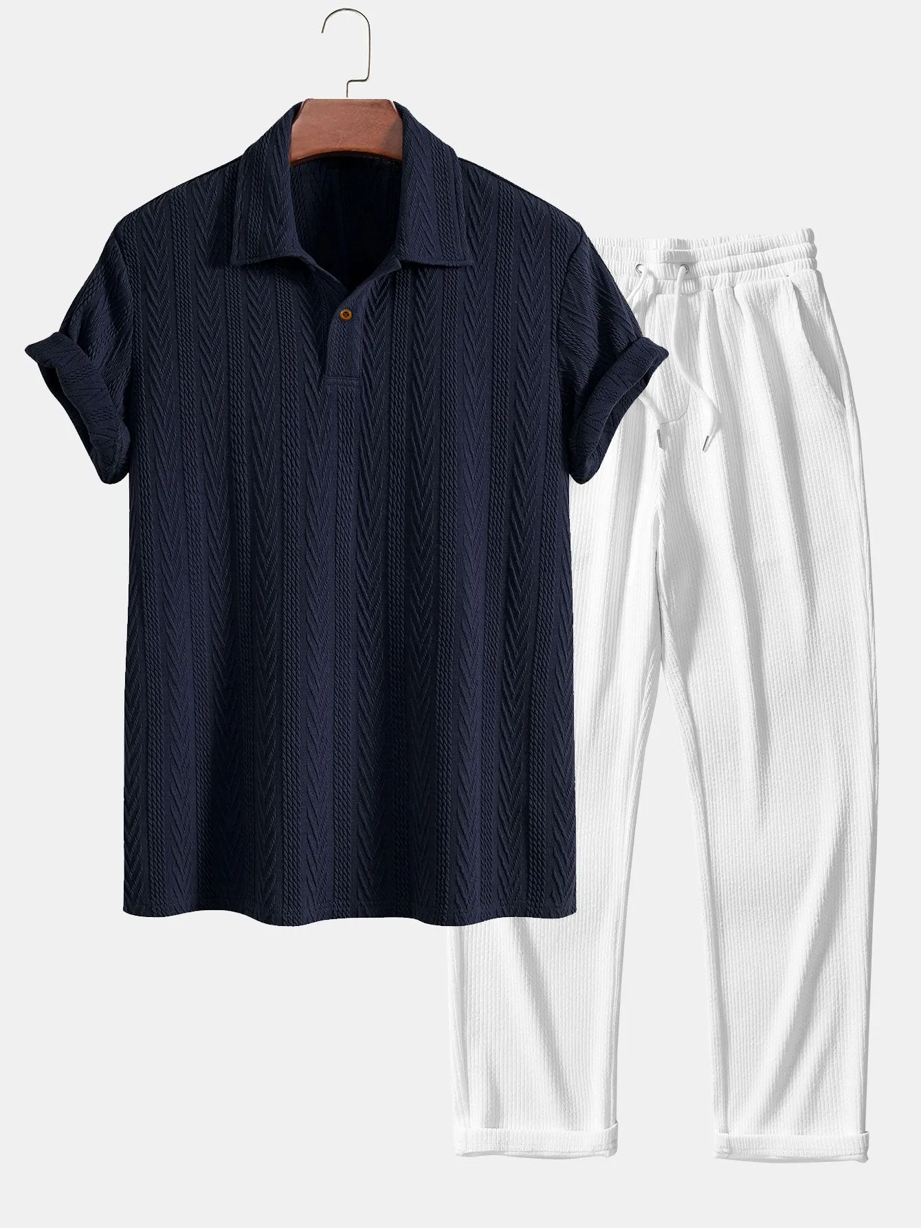 Polo Jacquard Lengan Pendek & Seluar Ribbed Kaki Lurus