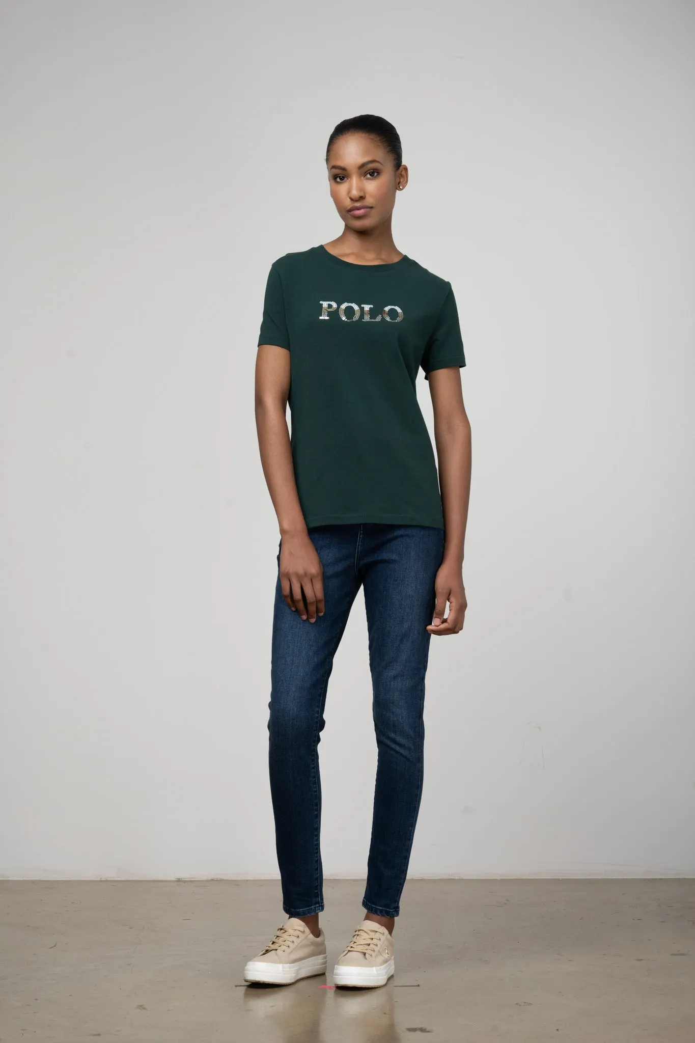 Polo Mbali Short Sleeve Sequin T Shirt Bottle Green