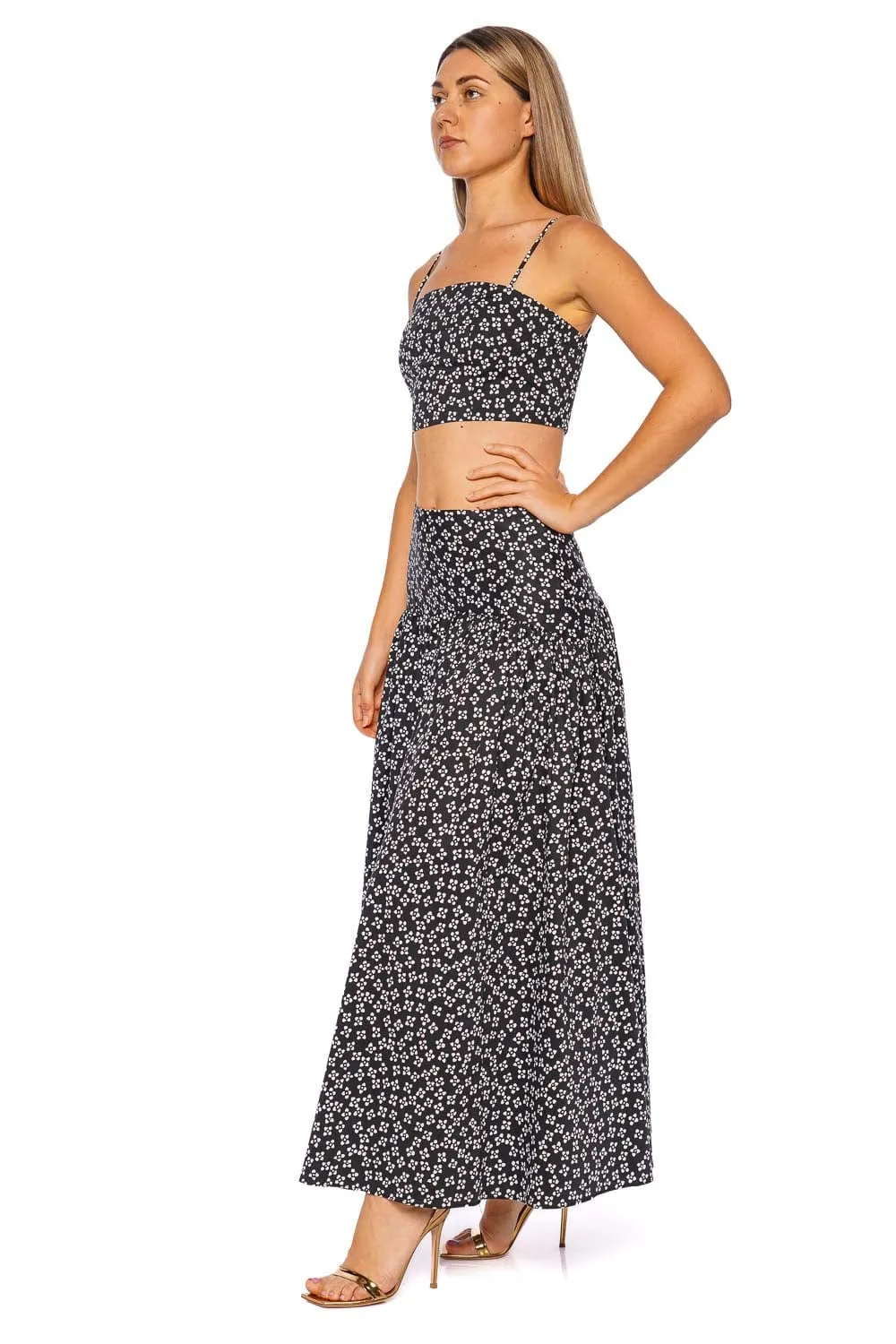 Procida Black Floral Midi Skirt