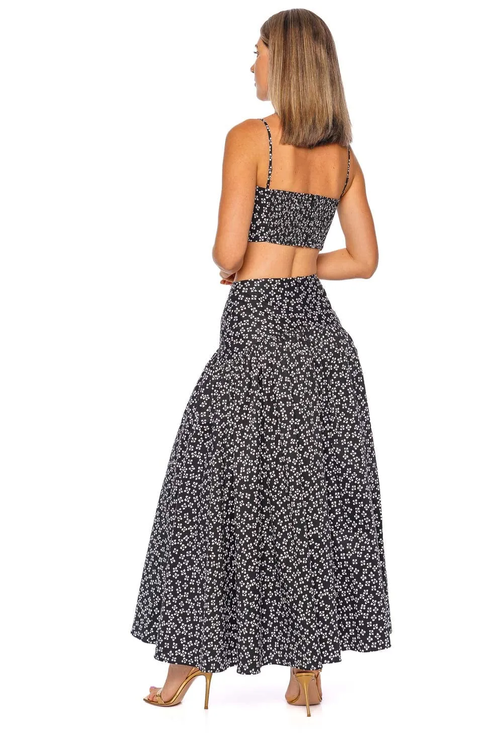 Procida Black Floral Midi Skirt