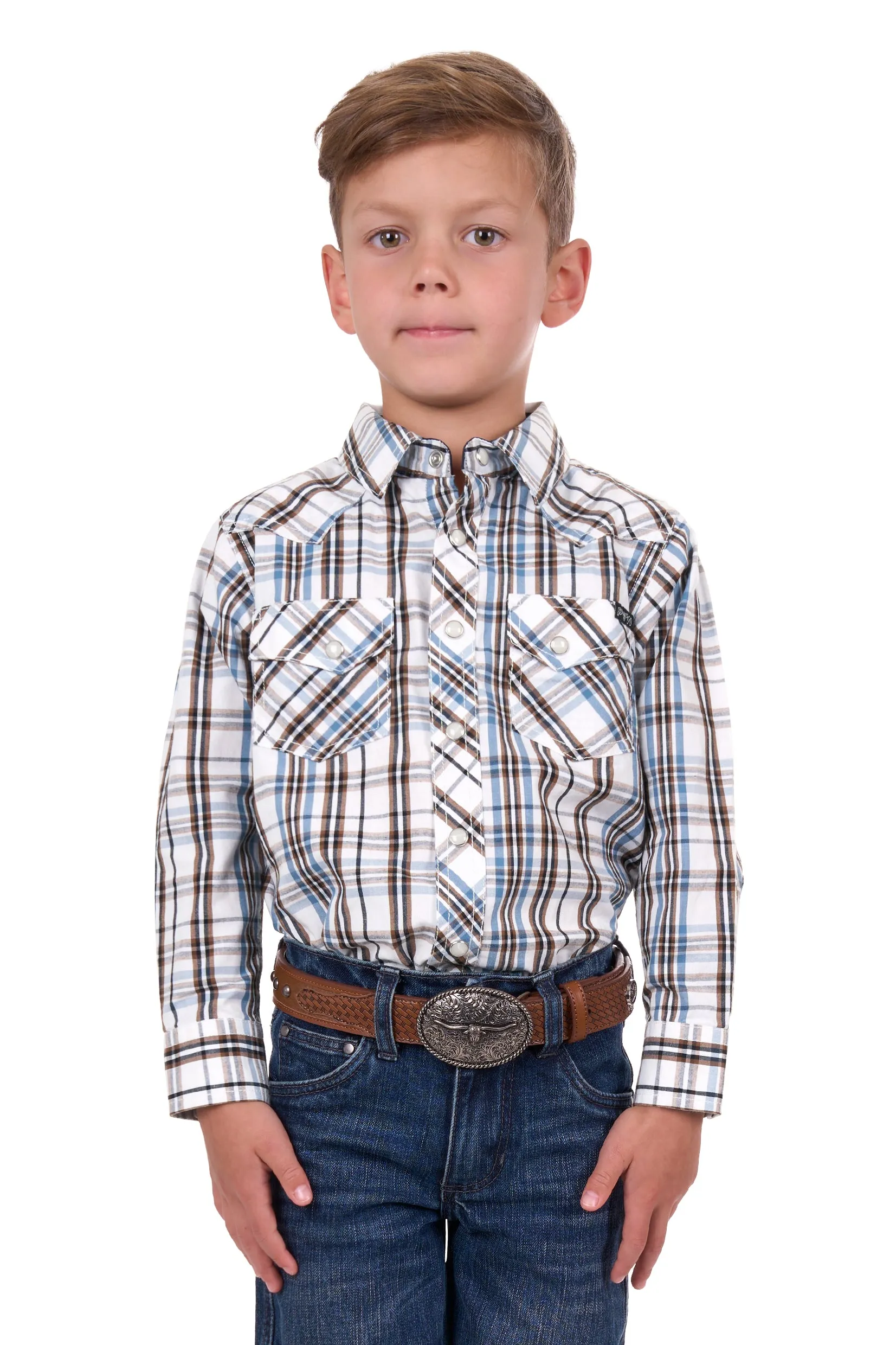 Pure Western Boys Evan LS Shirt White & Tan