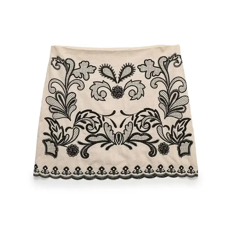 Quimpy Khaki Floral Embroidery Mini Skirt