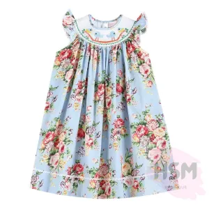 "Blue Bird" Smocked Floral Blue Bird Bishop Embroidery Blue Dress