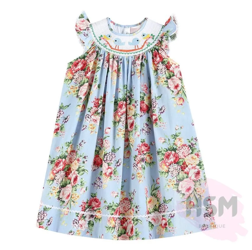 "Blue Bird" Smocked Floral Blue Bird Bishop Embroidery Blue Dress