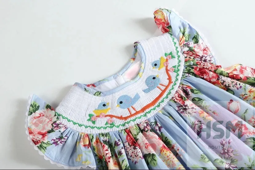 "Blue Bird" Smocked Floral Blue Bird Bishop Embroidery Blue Dress