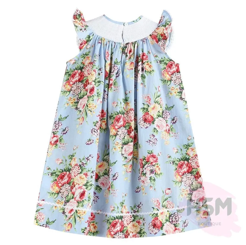 "Blue Bird" Smocked Floral Blue Bird Bishop Embroidery Blue Dress