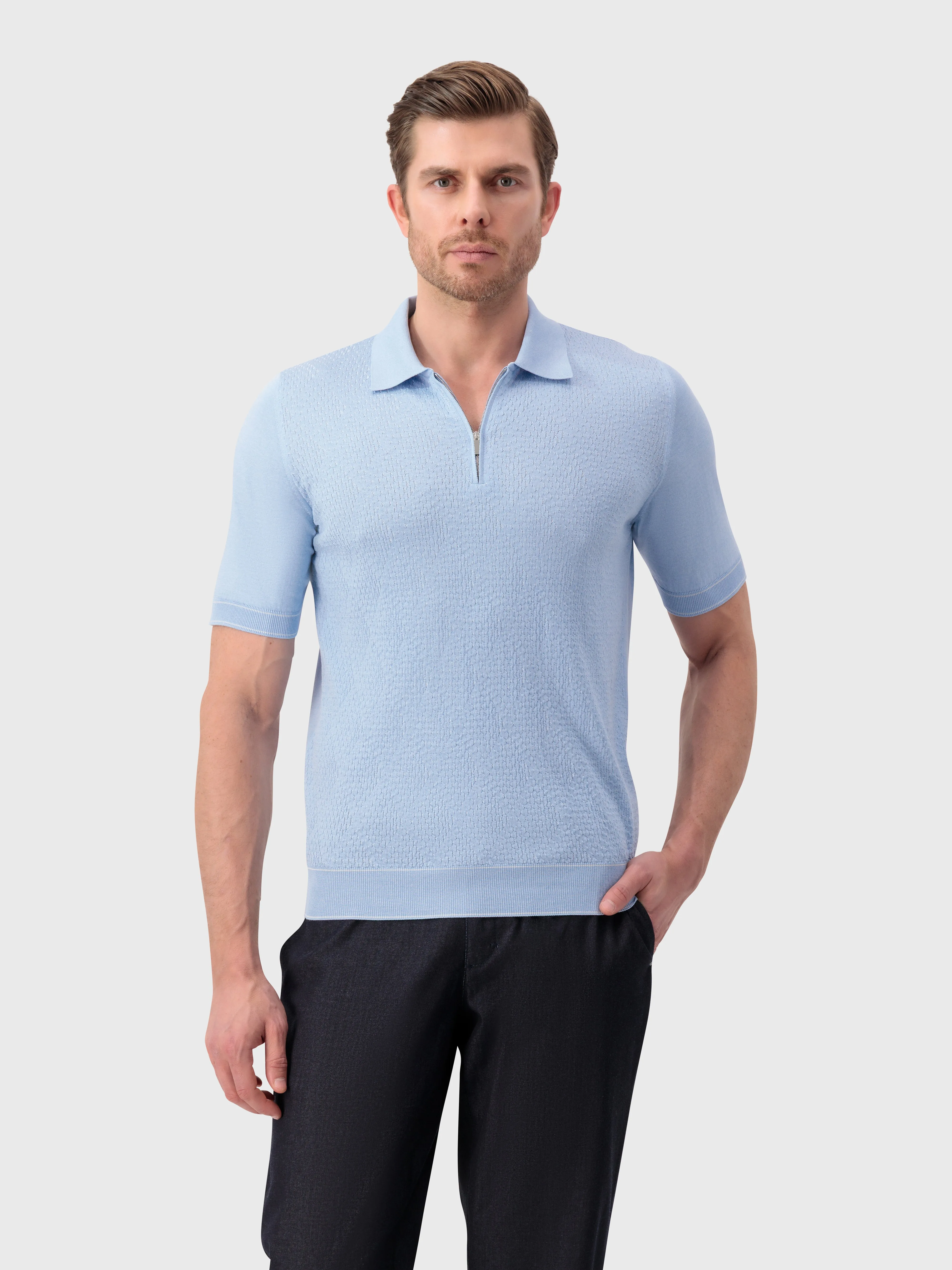"Shaded Argyle" Silk and Cotton Knit Polo - Oxford Blue