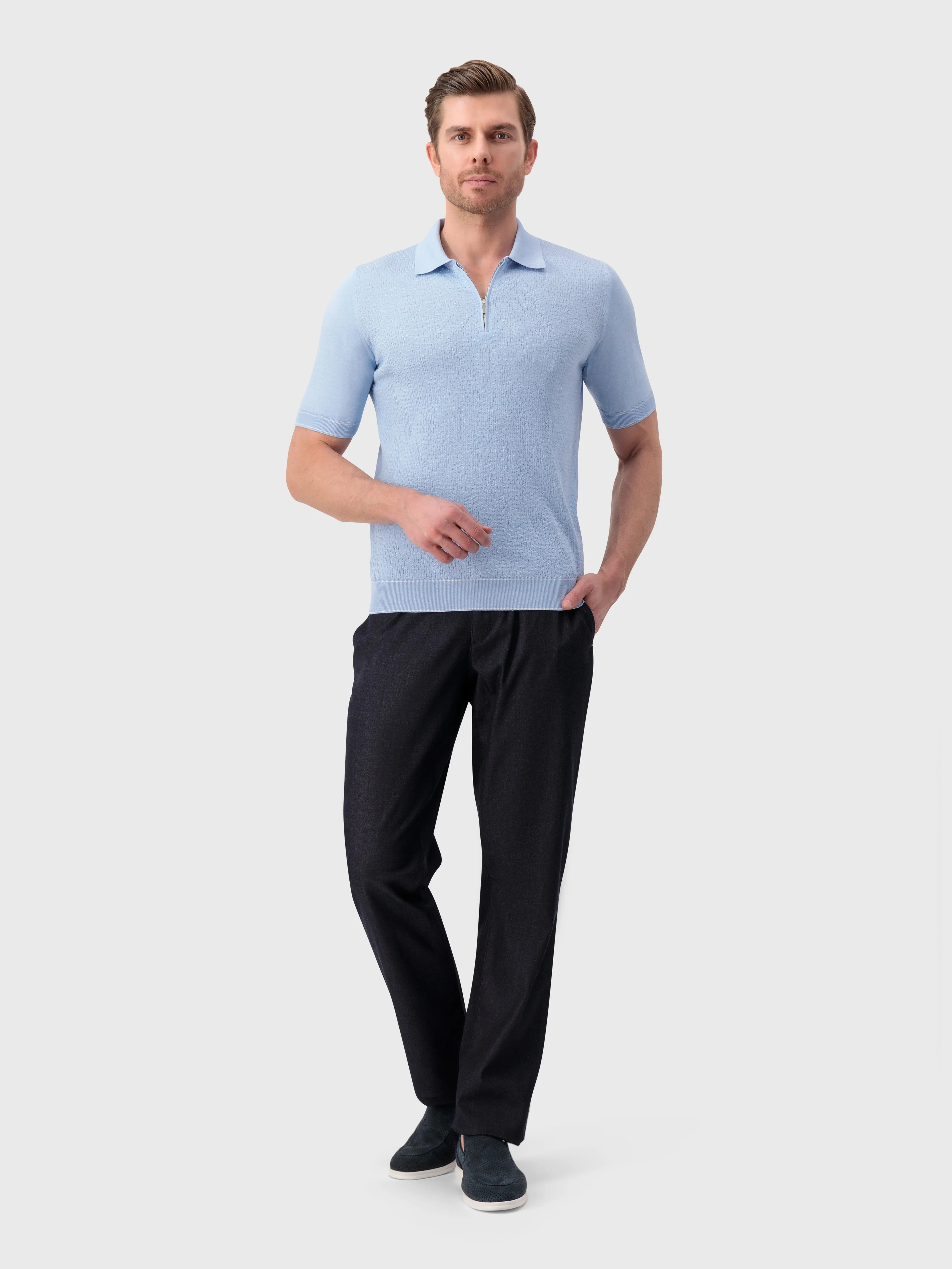 "Shaded Argyle" Silk and Cotton Knit Polo - Oxford Blue