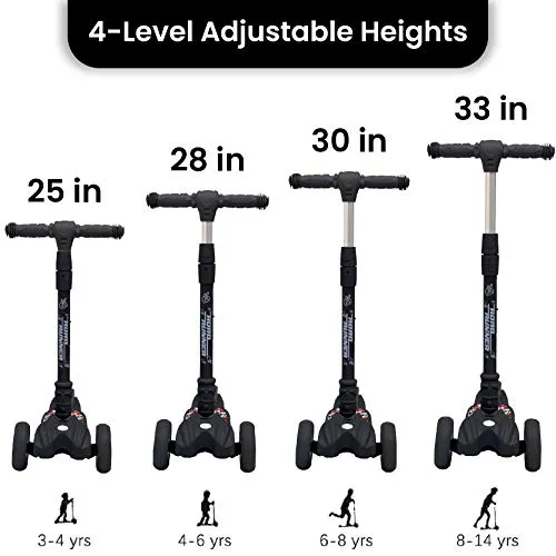 R for Rabbit Road Runner Kick Scooter for Kids of Above 3 Years, Skating Scooter for Boys, Girls, Scratch Free LED PU Wheels, 4-Level Adjustable Handlebar & Foldable Design & Wide Standing Board, Weight Capacity 75Kgs ( Black)