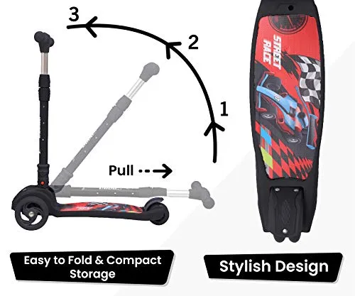 R for Rabbit Road Runner Kick Scooter for Kids of Above 3 Years, Skating Scooter for Boys, Girls, Scratch Free LED PU Wheels, 4-Level Adjustable Handlebar & Foldable Design & Wide Standing Board, Weight Capacity 75Kgs ( Black)