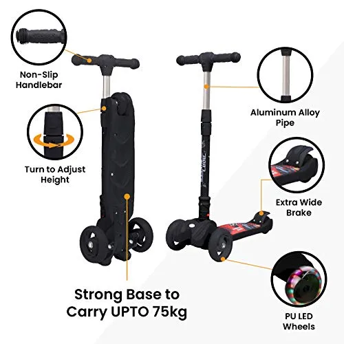 R for Rabbit Road Runner Kick Scooter for Kids of Above 3 Years, Skating Scooter for Boys, Girls, Scratch Free LED PU Wheels, 4-Level Adjustable Handlebar & Foldable Design & Wide Standing Board, Weight Capacity 75Kgs ( Black)