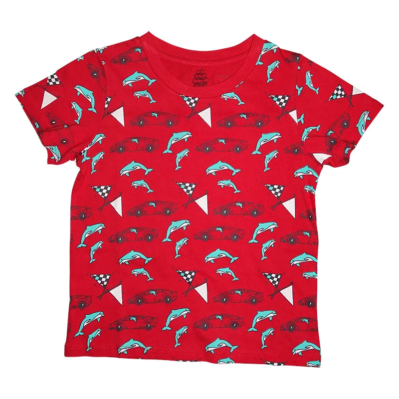 Race Car Dolphin Repeat Print Short Sleeve Tee in Red
