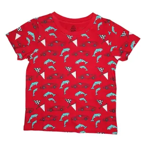 Race Car Dolphin Repeat Print Short Sleeve Tee in Red