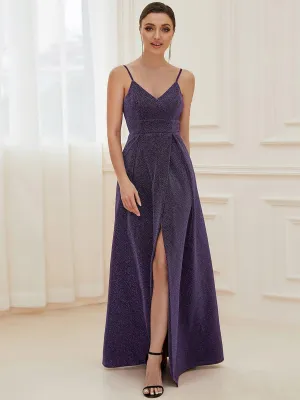 Raewyn thin strap sparkling ball gown with split in Purple s12 Express NZ wide