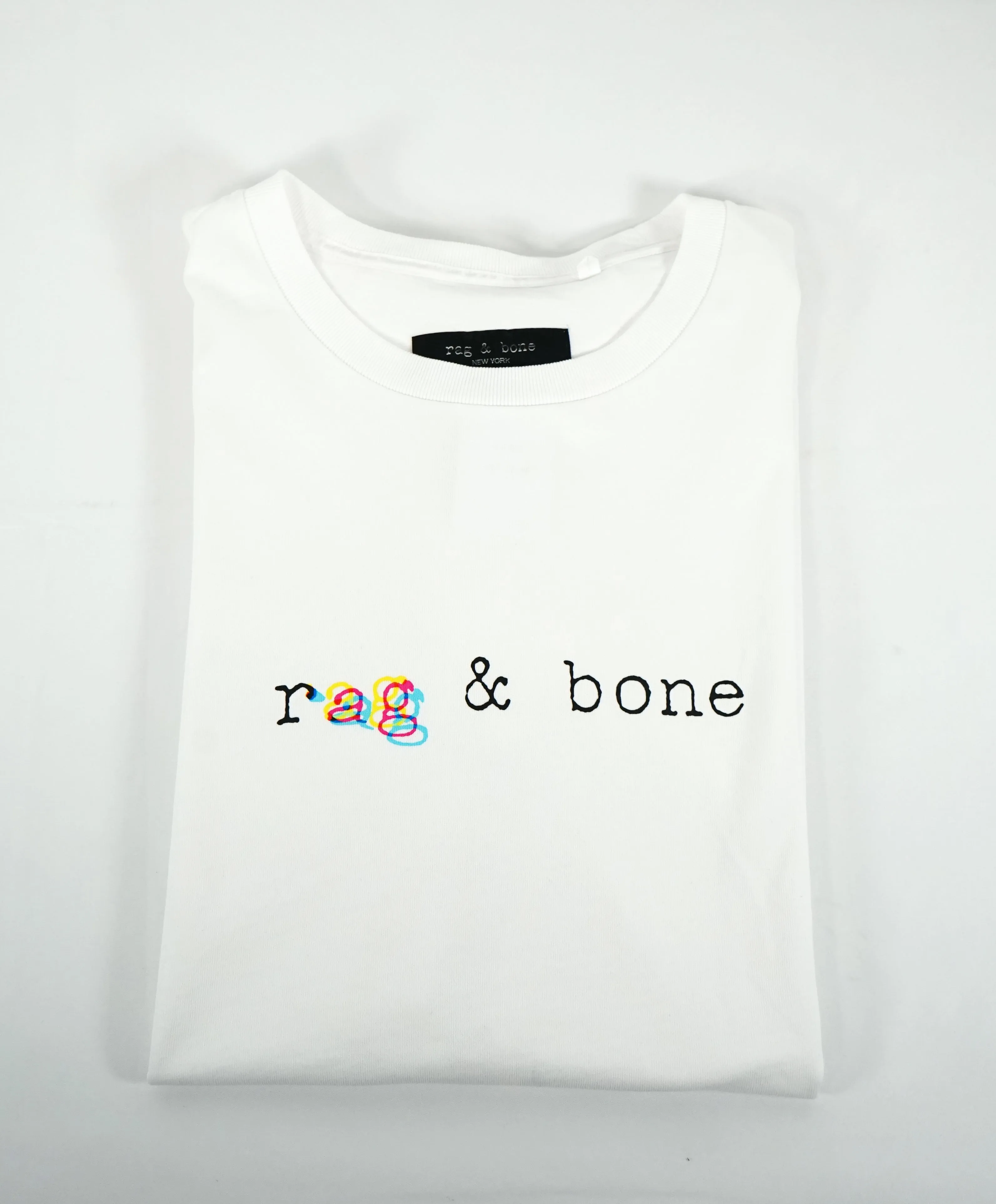 Rag & Bone - “Tri-Color Logo” Cotton White Crew Neck Tee - S