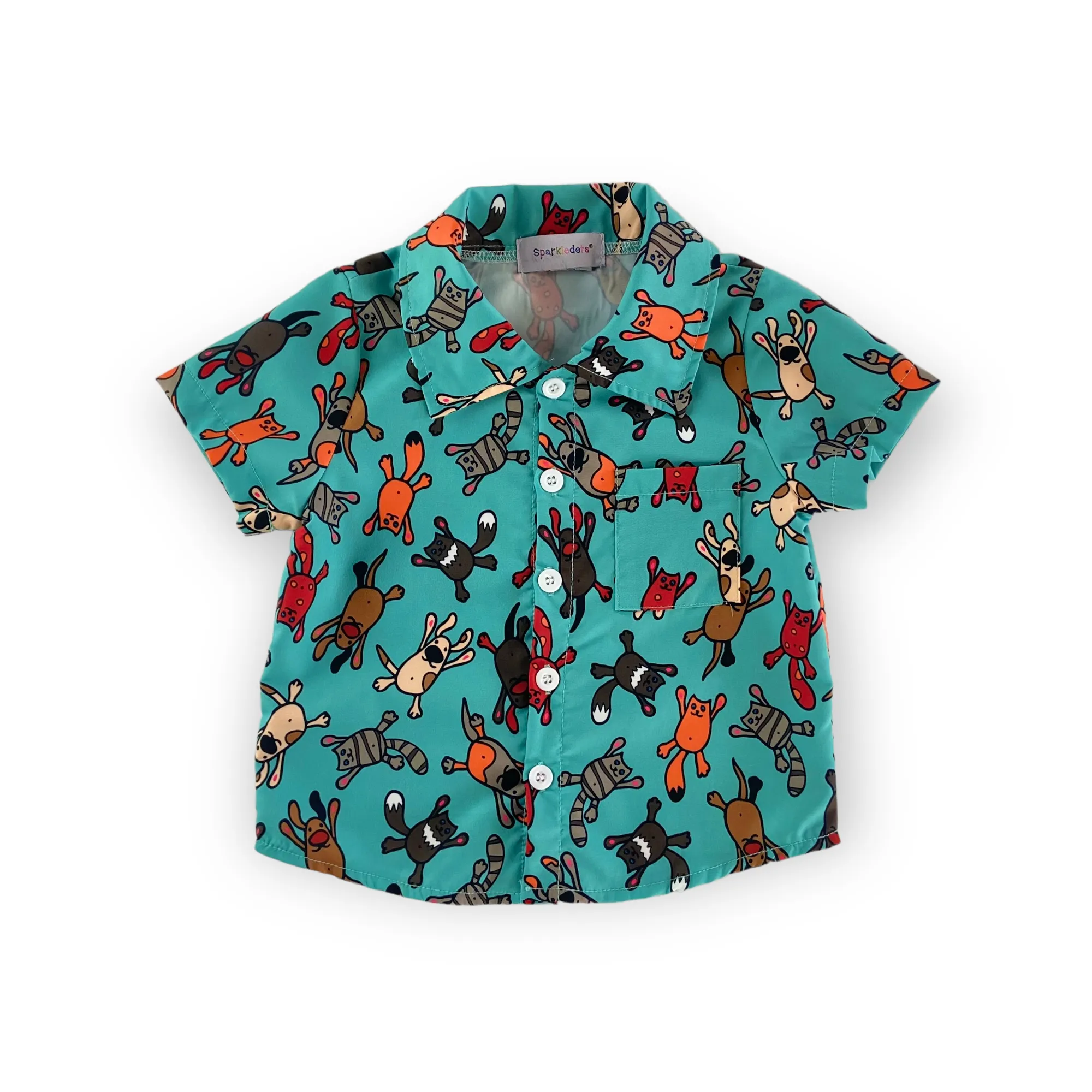 Raining Cats & Dogs Teal Woven Button Down
