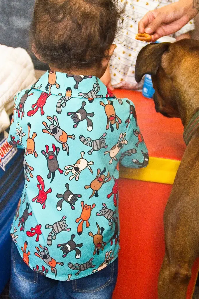 Raining Cats & Dogs Teal Woven Button Down